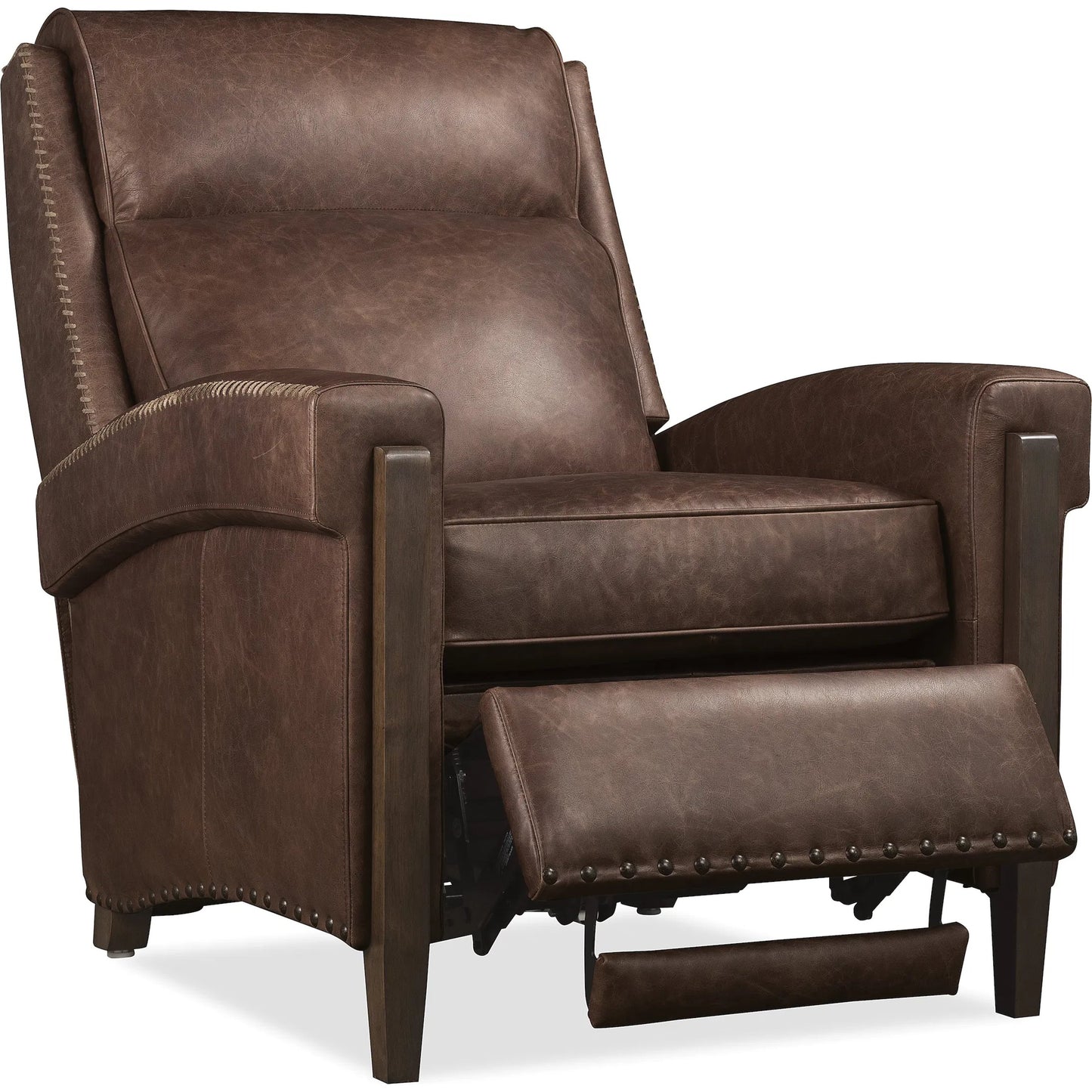 004 SI-2458629 | Additional Silo | Whitton Power Recliner with Power Headrest by Hooker Furniture in studio chocolate and dark wood. Made from leather in a traditional style.
