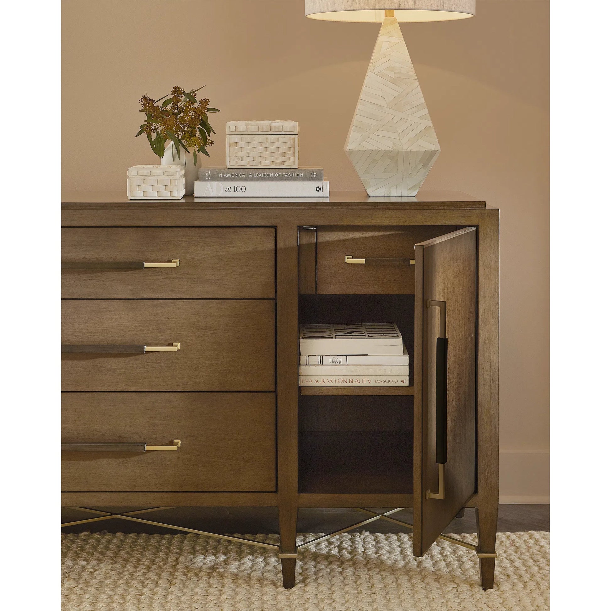 Verona Three-Drawer Chest by Currey and Company in lacquered black linen, champagne. Made from black linen, mahogany, brass, iron in a traditional style.