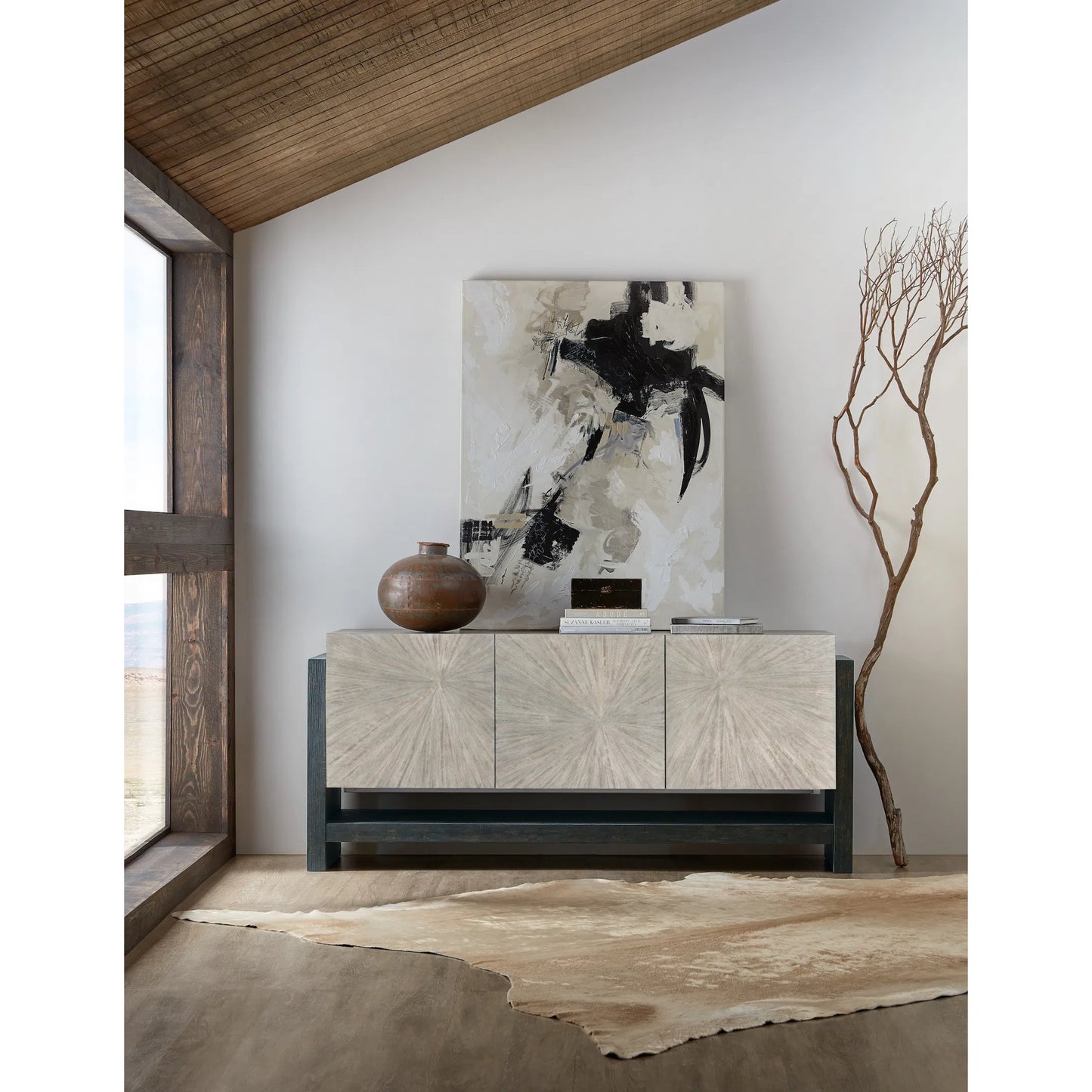 004 SI-2449108 | Lifestyle | Melange Ground Perspective Credenza by Hooker Furniture in distressed dark wood, light wood. Made from unique in a modern style.