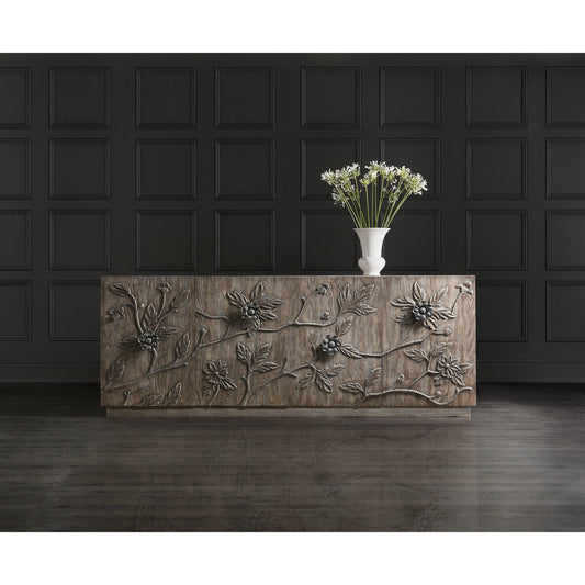 Melange Florence Four Door Credenza by Hooker Furniture in medium wood. Made from oak veneers, resin in a modern style.