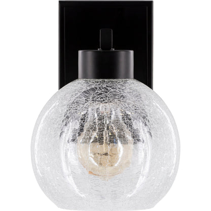 Praed Indoor/Outdoor Wall Sconce by Surya in black, clear and paintedpowder coatedcrackle. Made from glass, metal in a transitional style.