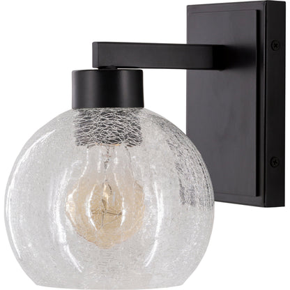 Praed Indoor/Outdoor Wall Sconce by Surya in black, clear and paintedpowder coatedcrackle. Made from glass, metal in a transitional style.