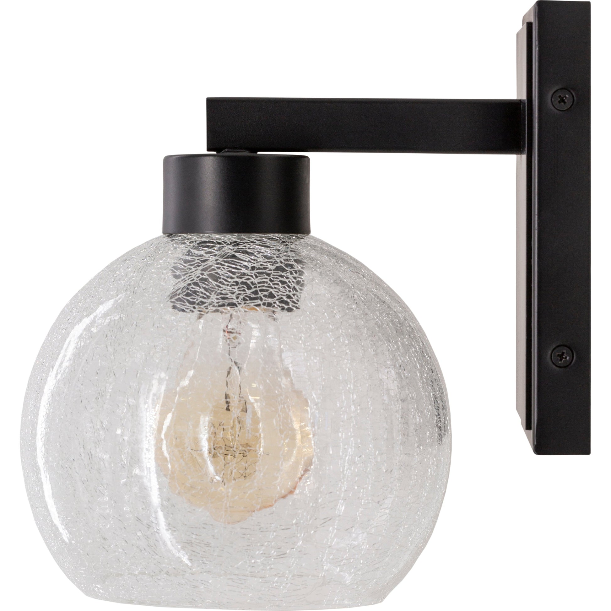 Praed Indoor/Outdoor Wall Sconce by Surya in black, clear and paintedpowder coatedcrackle. Made from glass, metal in a transitional style.