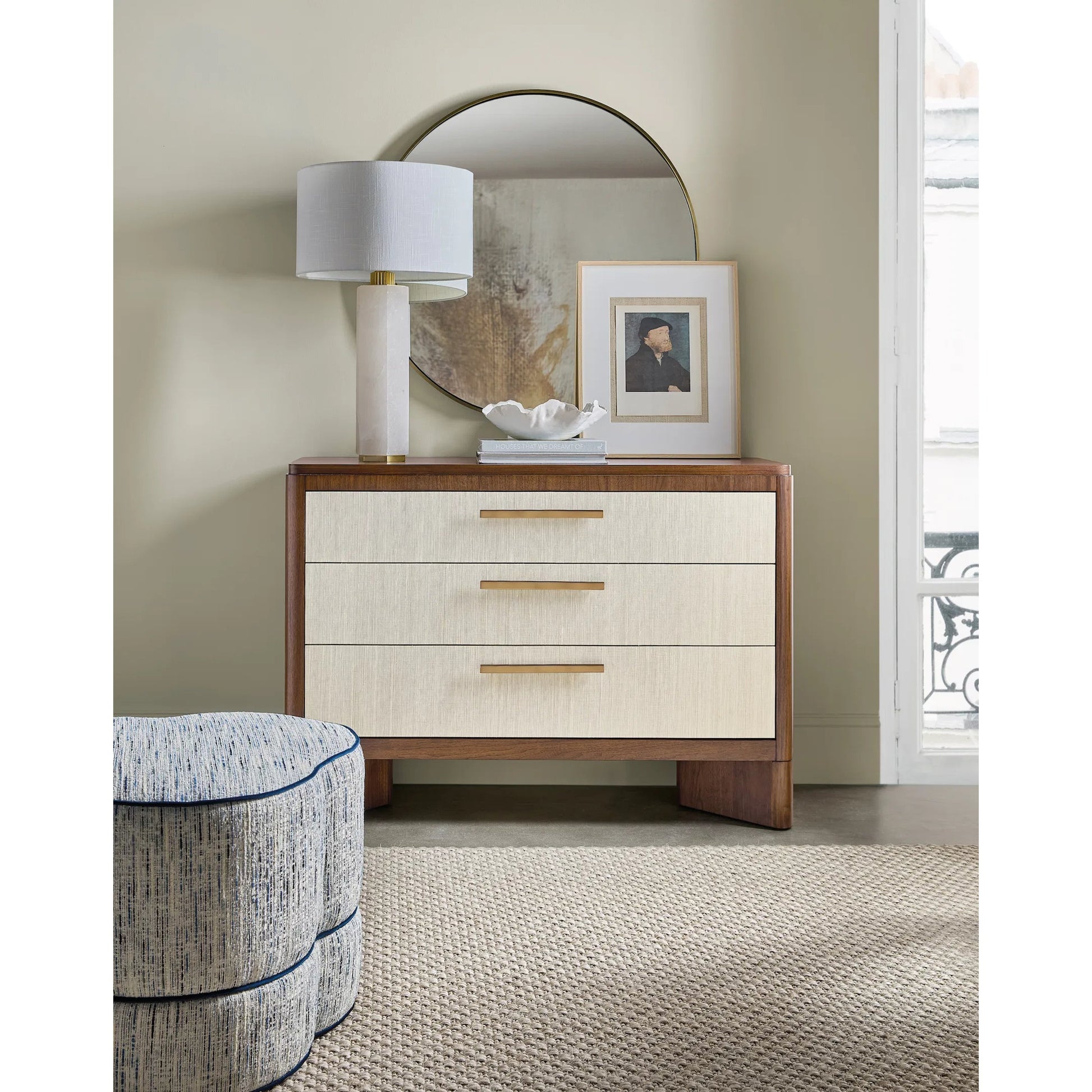 Eleana Three Drawer Chest by Hooker Furniture in light caramel, quartered walnut veneers. Made from walnut veneers, wall covering in a modern style.