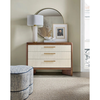 Eleana Three Drawer Chest by Hooker Furniture in light caramel, quartered walnut veneers. Made from walnut veneers, wall covering in a modern style.
