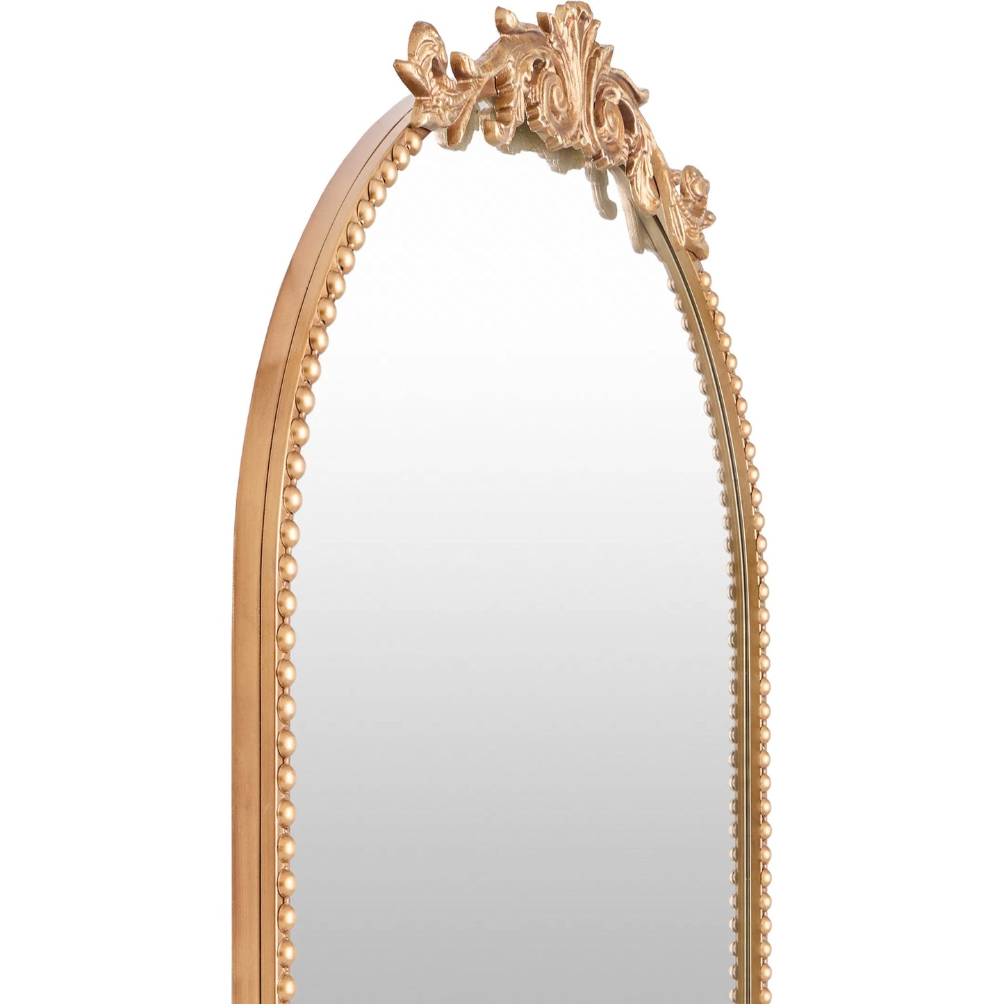 002 SI-2165531 | Closeup | Aarlen Arch Full Length Mirror by Surya in gold and antiqued. Made from iron in a traditional style.