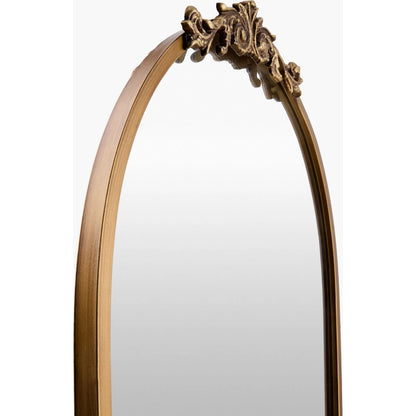 Aarlen Accent Mirror by Livabliss in antiqued gold. Made from iron in a traditional style.