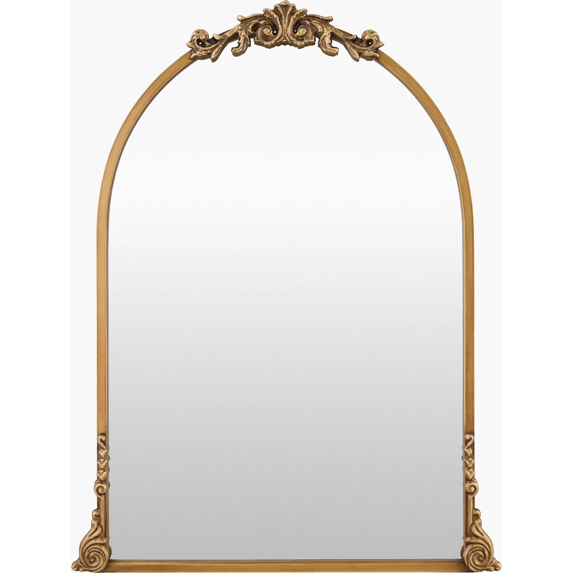 Aarlen Accent Mirror by Livabliss in antiqued gold. Made from iron in a traditional style.
