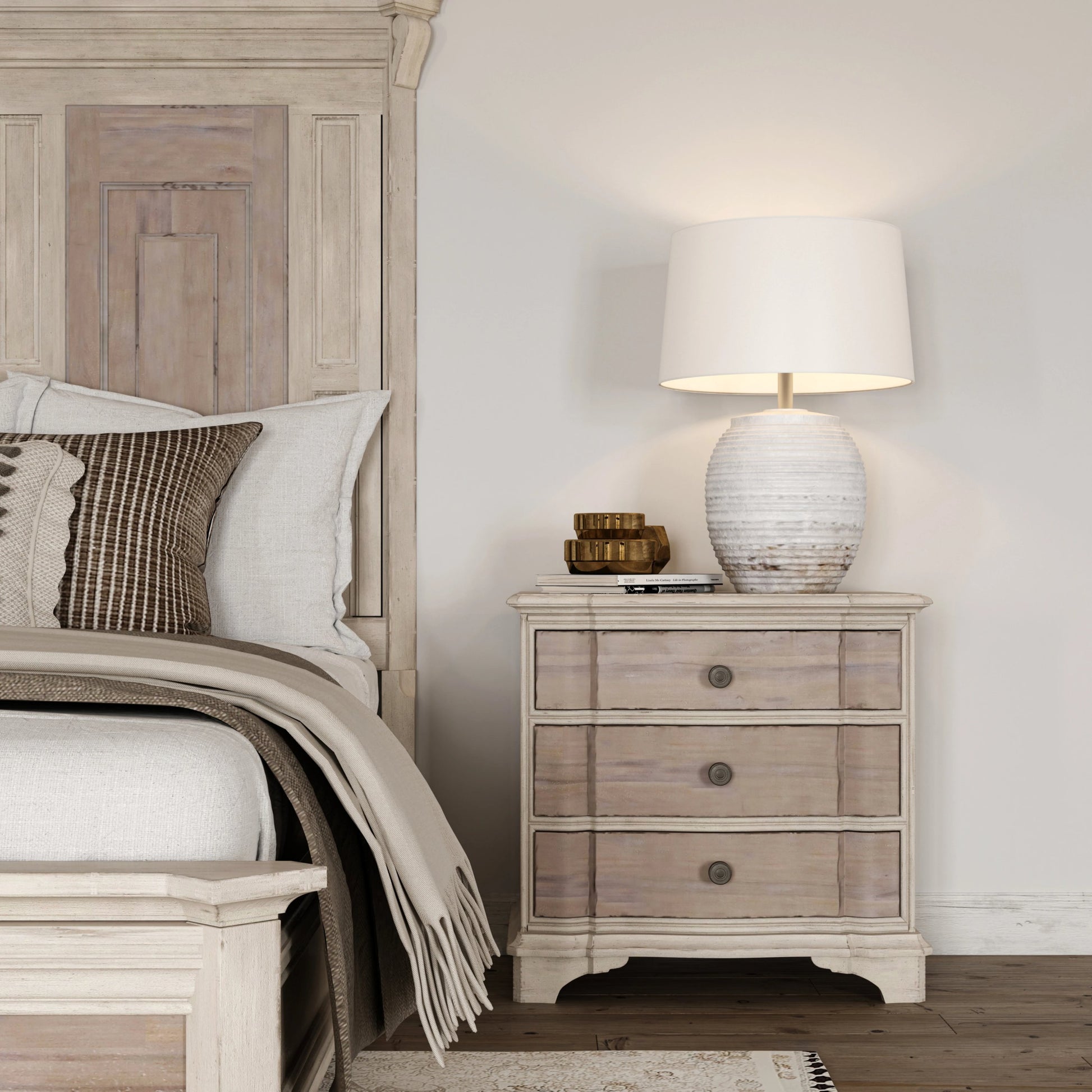 Alcove Nightstand by A.R.T. Furniture in belgian ivory, washed maple. Made from acacia solids, maple veneers, metal in a traditional style.