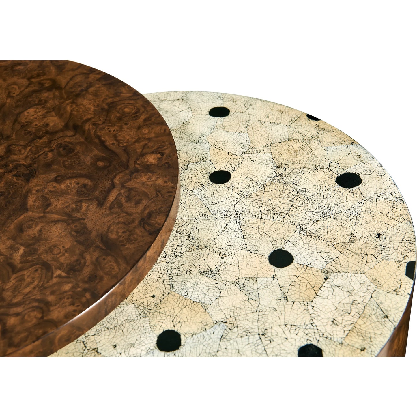 006 SI-2334498 | Closeup | Jacques Martini Table by Jonathan Charles in brown and walnut burl. Made from book match walnut burl veneer, egg shell in a unique style.