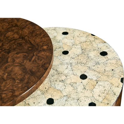 Jacques Martini Table by Jonathan Charles in brown and walnut burl. Made from book match walnut burl veneer, egg shell in a unique style.