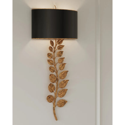 Birdwood Wall Sconce by Currey and Company in textured gold leaf, satin black. Made from satin black, gesso in a transitional style.