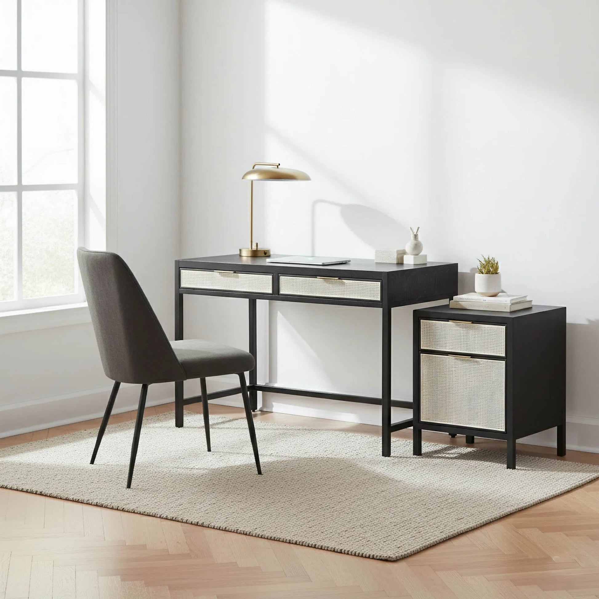 Rattan Desk by LH Imports. Made from oak, oak veneer, wicker, metal in a modern style.