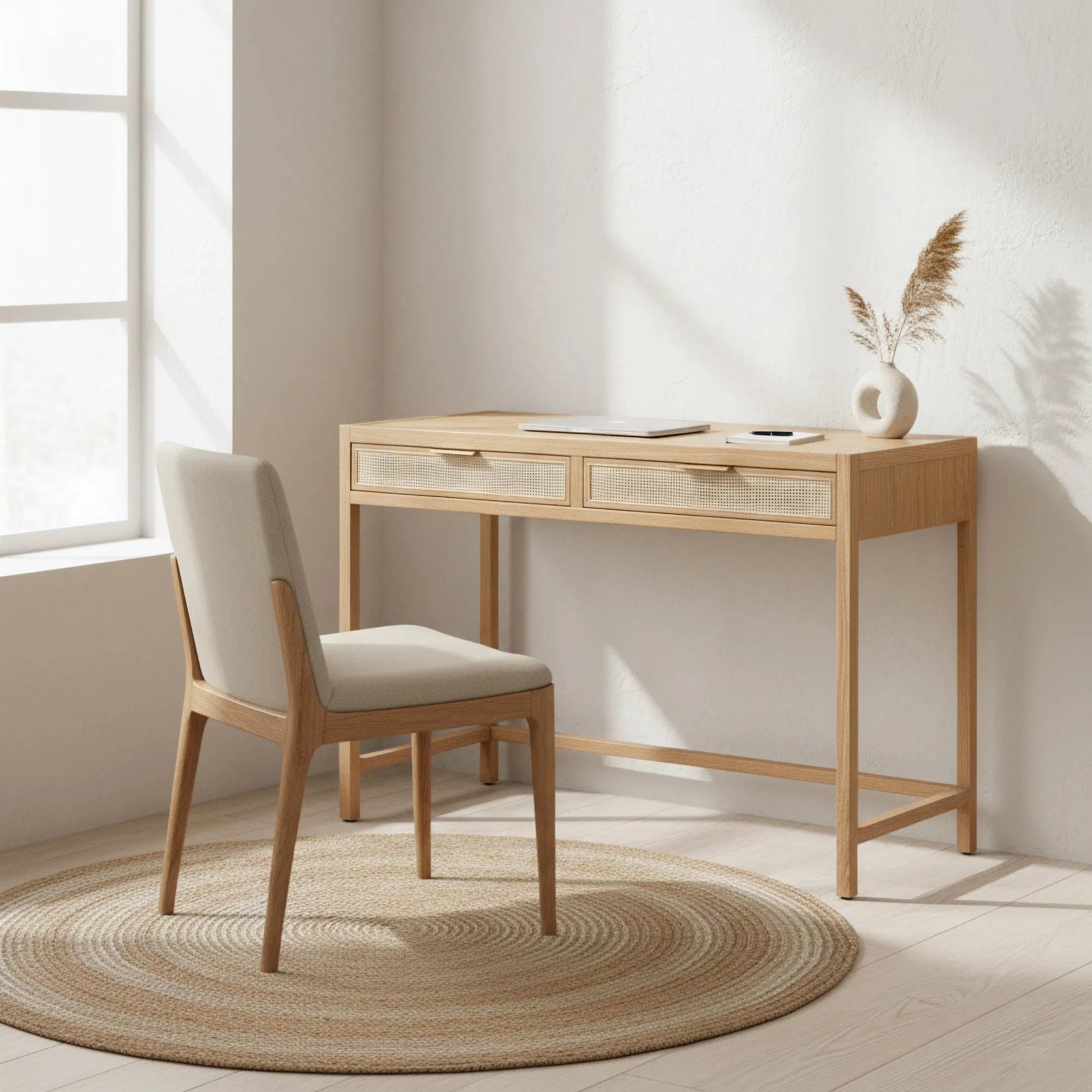 Rattan Desk by LH Imports. Made from oak, oak veneer, wicker, metal in a modern style.