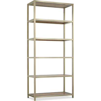 Melange Etagere by Hooker Furniture in silver. Made from steel, glass, cane with wooden frame in a modern style.