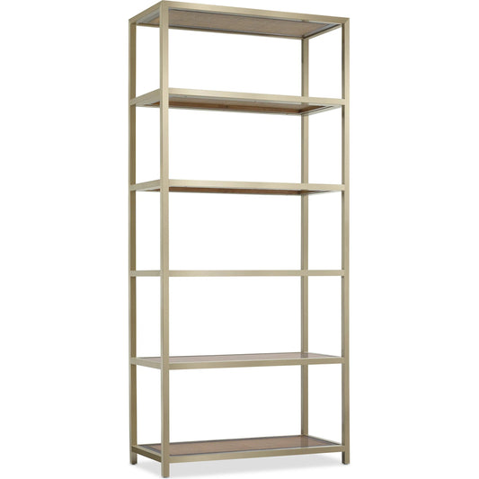 Melange Etagere by Hooker Furniture in silver. Made from steel, glass, cane with wooden frame in a unique style.