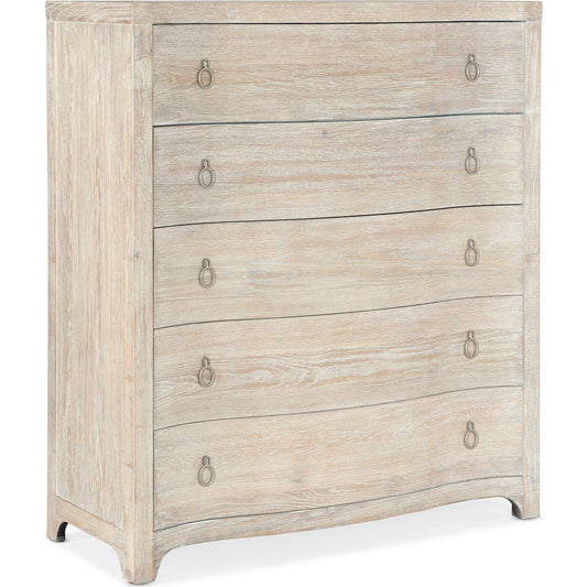 Serenity Monterey Five Drawer Chest by Hooker Furniture in surf, champagne. Made from oak veneers, cedar, felt in a modern style.