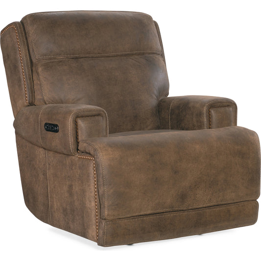 Wheeler Power Recliner by Hooker Furniture in seville timber. Made from leather, seville timber (aniline). seville timber features natural hallmarks of the trail such as fat wrinkles healed scars, scratches, mite marks. w