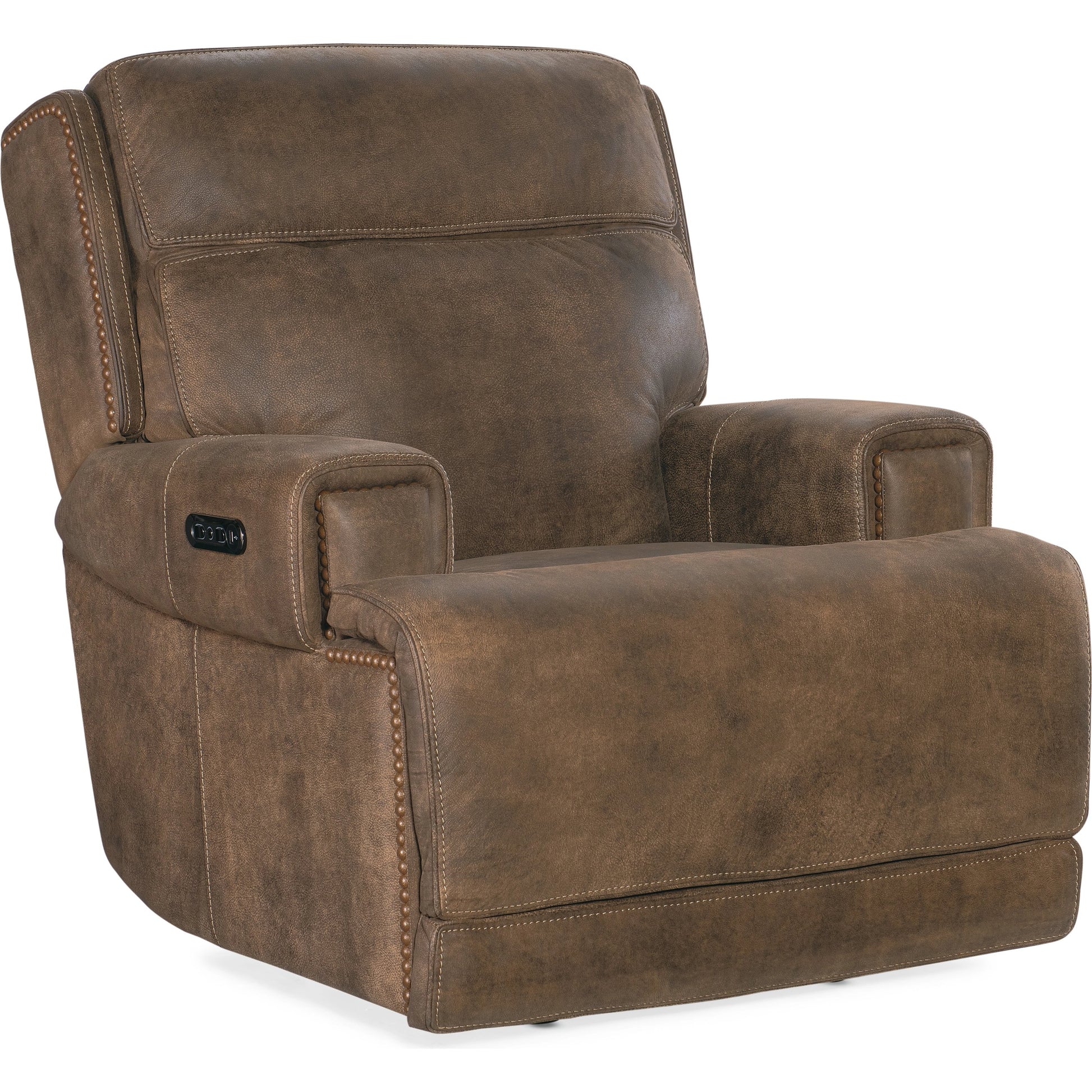 Wheeler Power Recliner by Hooker Furniture in seville timber. Made from leather, seville timber (aniline). seville timber features natural hallmarks of the trail such as fat wrinkles healed scars, scratches, mite marks. wax-based finis