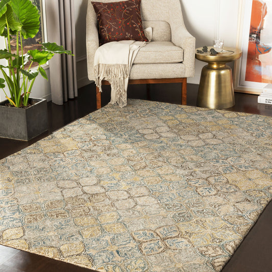 RBI-1005 Rug by Surya in teal, sage, tan, charcoal, cream, olive. Made from 60% viscose, 40% wool in a unique style.