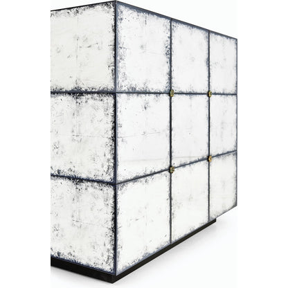 Luna Square End Table by Jonathan Charles in silver and eglomise. Made from hardwood solids, glass, brass in a modern style.