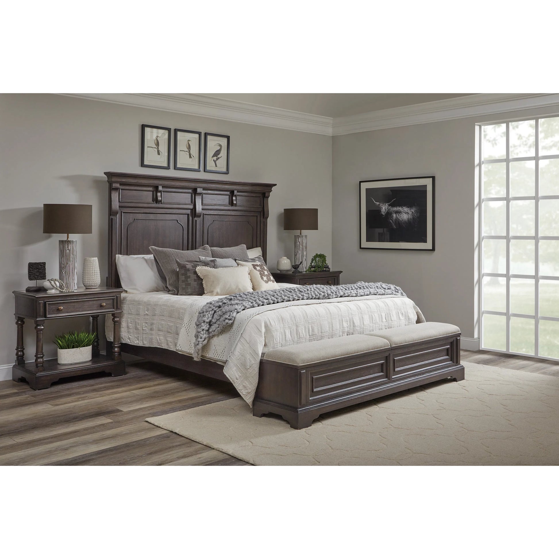 Hickory Creek Storage Bed by Pulaski Furniture in brown velvet. Made from split heart cathedral hickory veneers in a unique style.