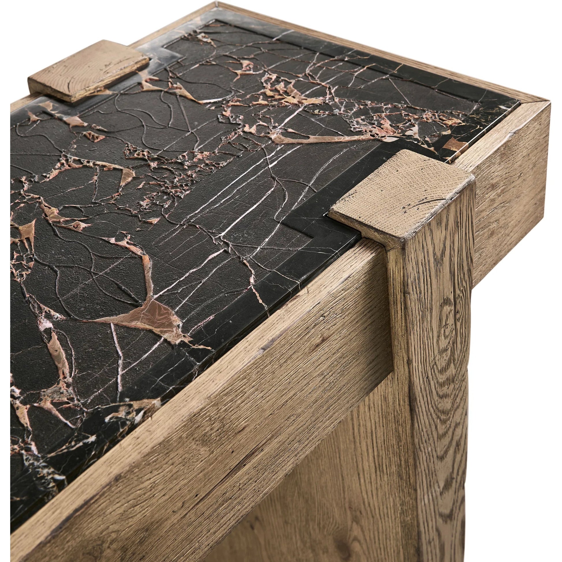 Echo Canyon Marble Console by Jonathan Charles in faded oak. Made from oak veneer in a cottage & farmhouse style.