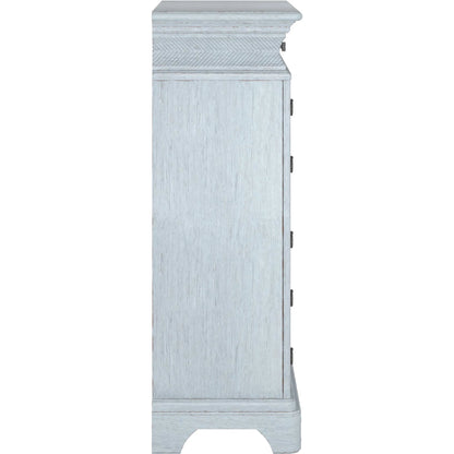 Summer Creek 8 Drawer Chest by A.R.T. Furniture in shutter blue. Made from flakey cathedral oak veneer, parawood solids in a cottage & farmhouse style.