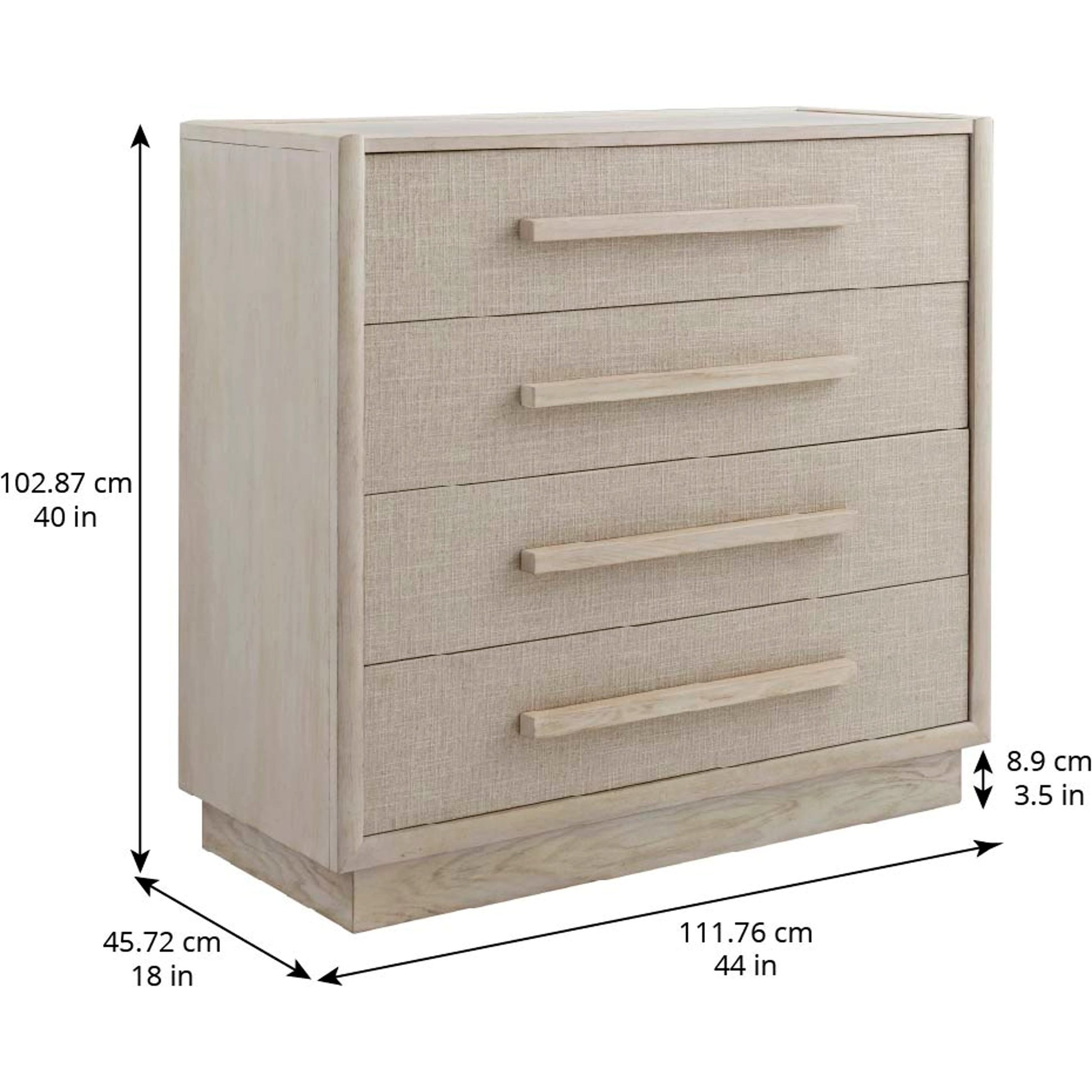 Cotiere Drawer Chest by A.R.T. Furniture in beige and linen. Made from parawood solids, mixed split cathedral quarter-wite oak veneer, fabric in a modern style.