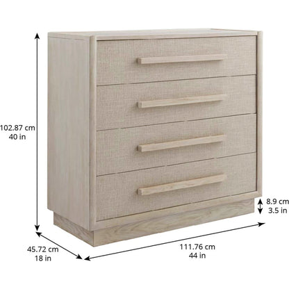 Cotiere Drawer Chest by A.R.T. Furniture in beige and linen. Made from parawood solids, mixed split cathedral quarter-wite oak veneer, fabric in a modern style.