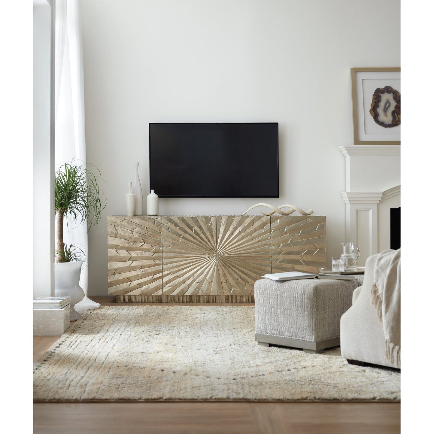 003 SI-1748402 | Lifestyle | Big Bang Entertainment Console by Hooker Furniture in silver foil. Made from mango solids with german silver foil in a eclectic & global style.