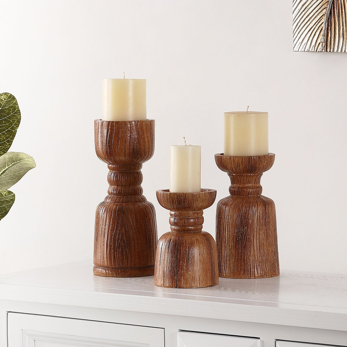 002 SI-1769313 | Lifestyle | Ponce Candle Holder (Set of 3) by HedgeApple Essentials in brown. Made from 100% polyresin in a eclectic & global style.