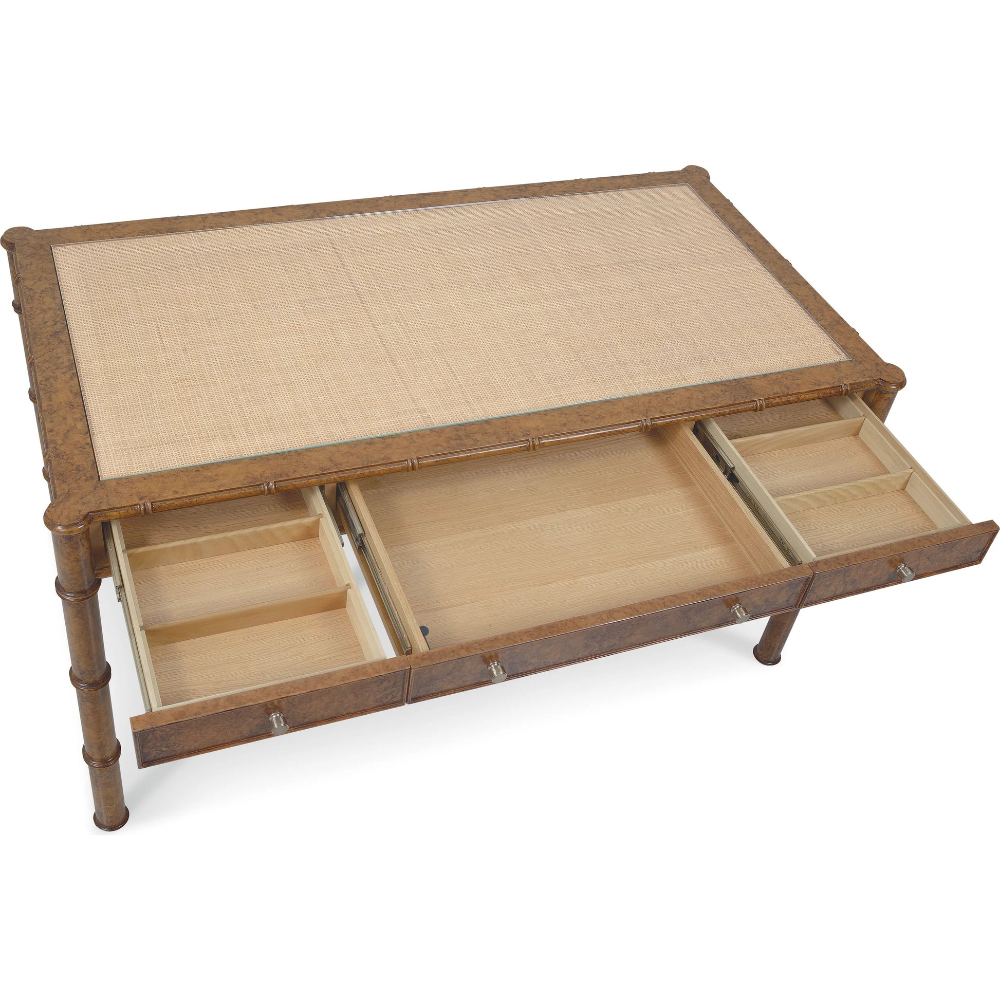 Archives Writing Desk by Hooker Furniture in medium wood and mottled amber. Made from birch veneers, oak veneers, cane, ultra-white tempered glass in a traditional style.