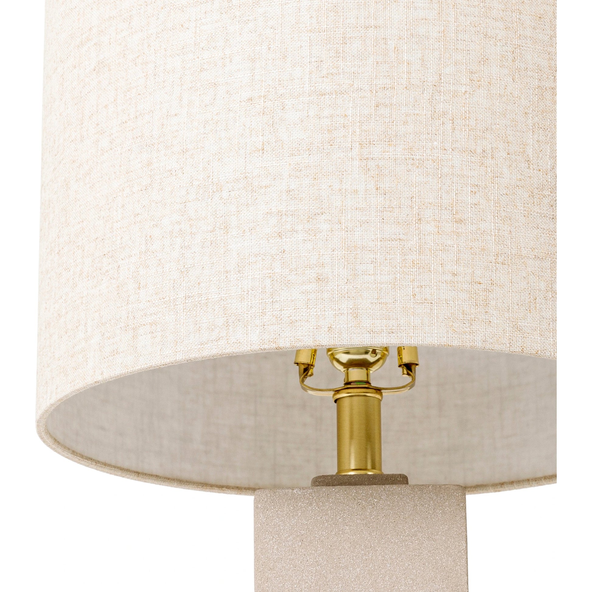Rodez - 32426 by Surya in gray, black, white, metallic brass and polishednaturalpolished. Made from shade (outside): linen, shade (inside): polyester, body: concrete, base: metal, finial: iron, harp: iron in a modern style.