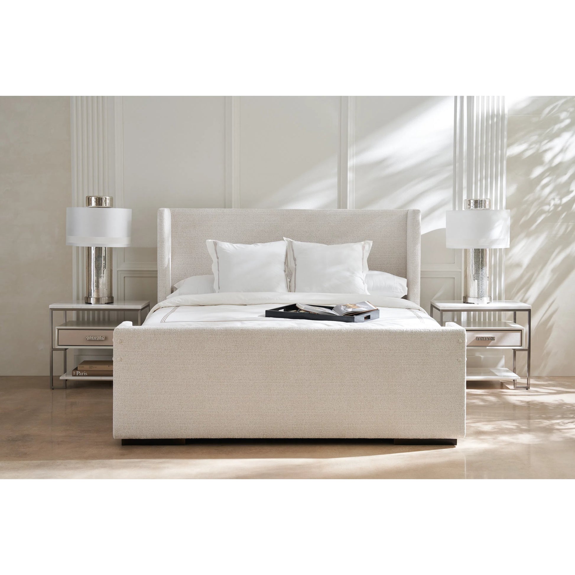 Shelter Me King Bed by Caracole in ivory and almost black. Made from poplar in a unique style.