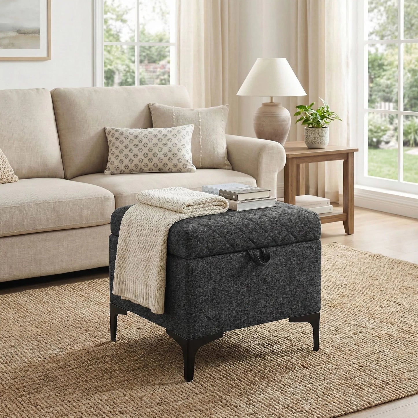 040 SI-2325207 | Lifestyle | Reece Storage Ottoman by LH Imports in matte black. Made from black metal legs, standard padded foam cushion, 100% polyester fabric in a eclectic & global style.