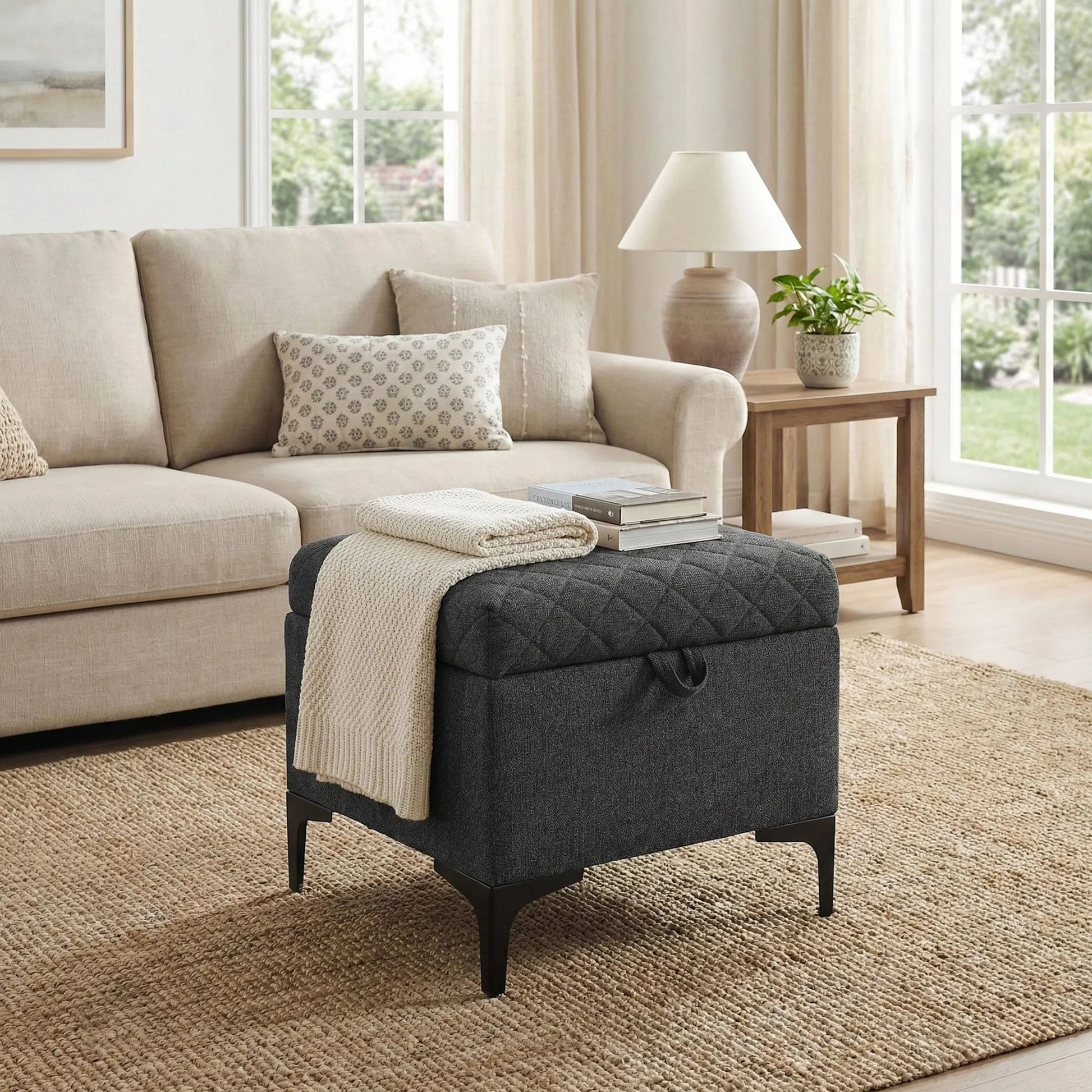 Reece Storage Ottoman by LH Imports in matte black. Made from black metal legs, standard padded foam cushion, 100% polyester fabric in a eclectic & global style.