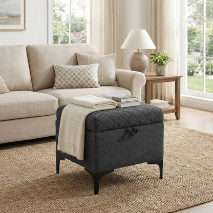 Reece Storage Ottoman by LH Imports in matte black. Made from black metal legs, standard padded foam cushion, 100% polyester fabric in a eclectic & global style.