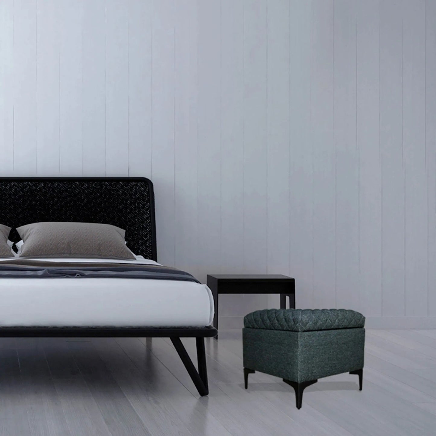 008 SI-2325207 | Lifestyle | Reece Storage Ottoman by LH Imports in matte black. Made from black metal legs, standard padded foam cushion, 100% polyester fabric in a eclectic & global style.