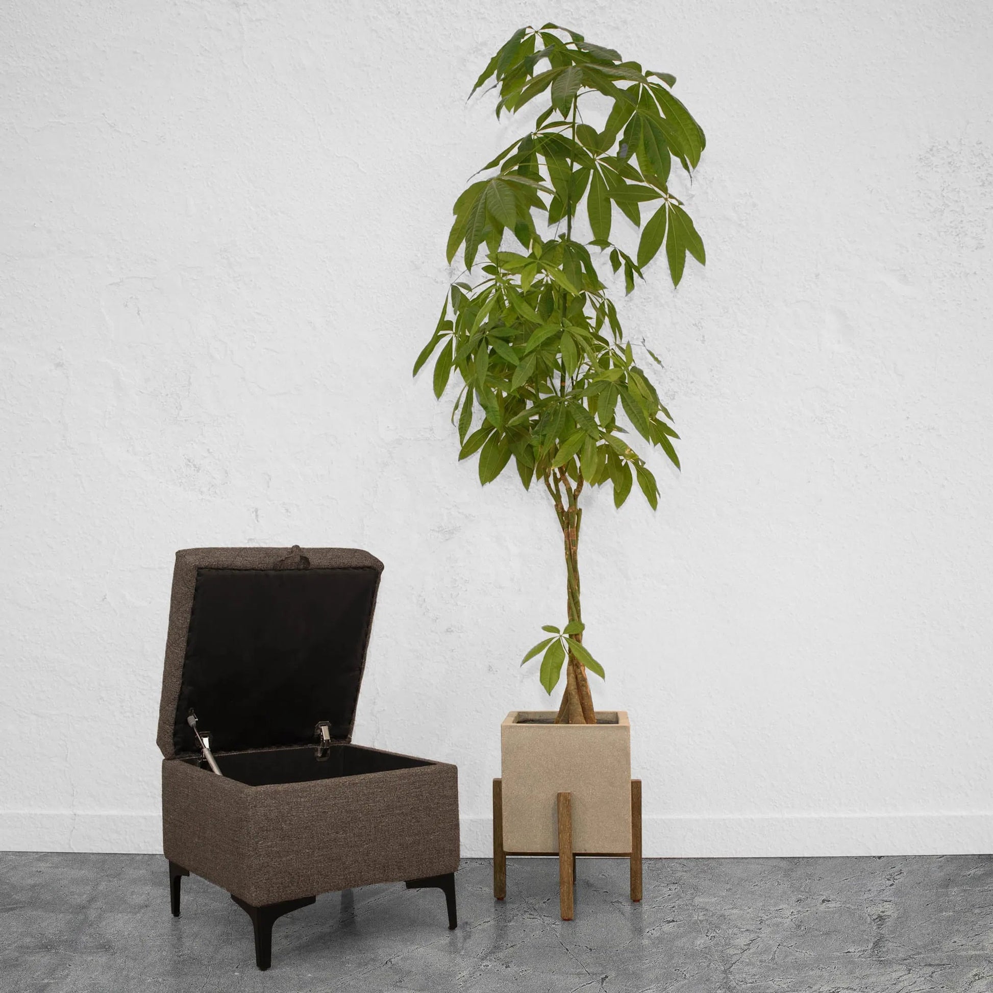 Reece Storage Ottoman by LH Imports in matte black. Made from black metal legs, standard padded foam cushion, 100% polyester fabric in a eclectic & global style.