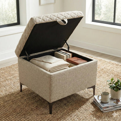Reece Storage Ottoman by LH Imports in matte black. Made from black metal legs, standard padded foam cushion, 100% polyester fabric in a eclectic & global style.