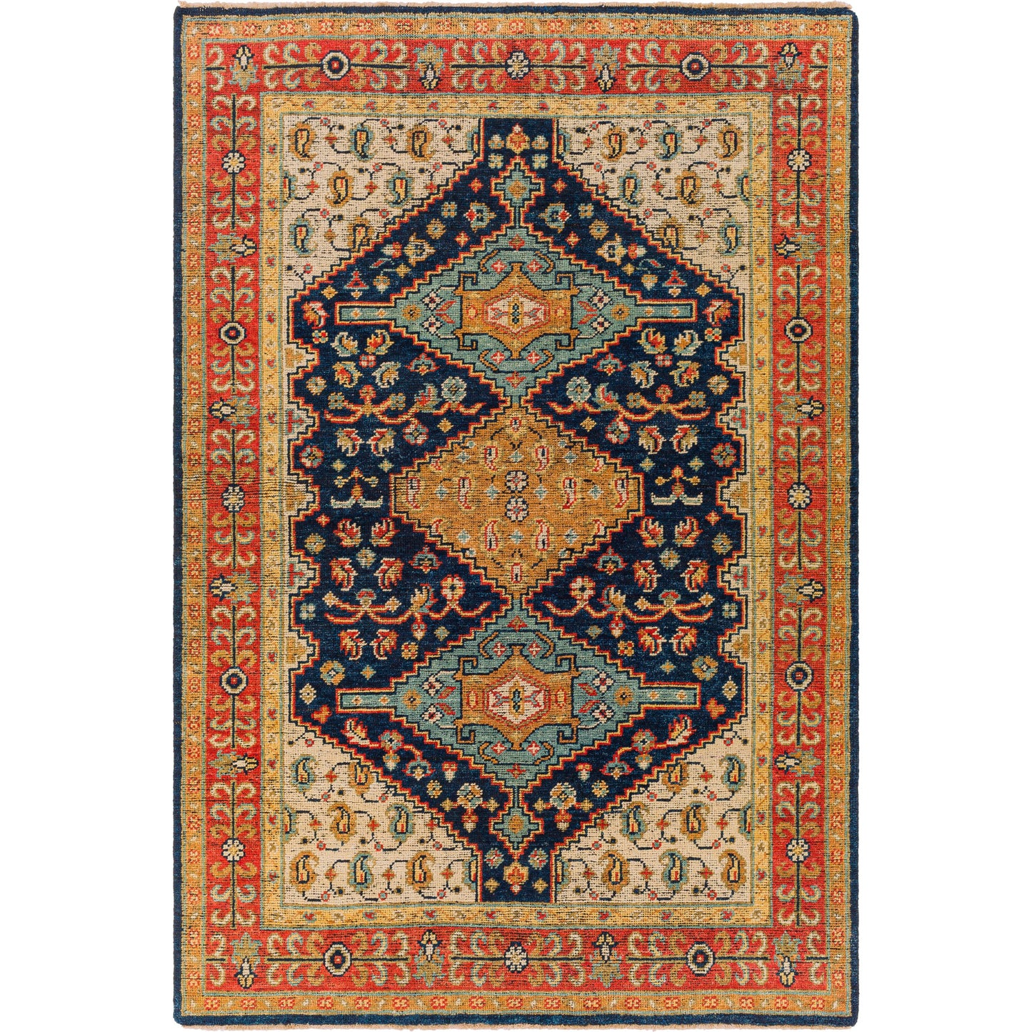 000 SI-1889378,SI-1889379,SI-1889381 | Primary Silo | Reign REG-2300 Rug by Surya in navy, tan, beige, rust, mustard, blue. Made from 100% new zealand wool in a unique style.