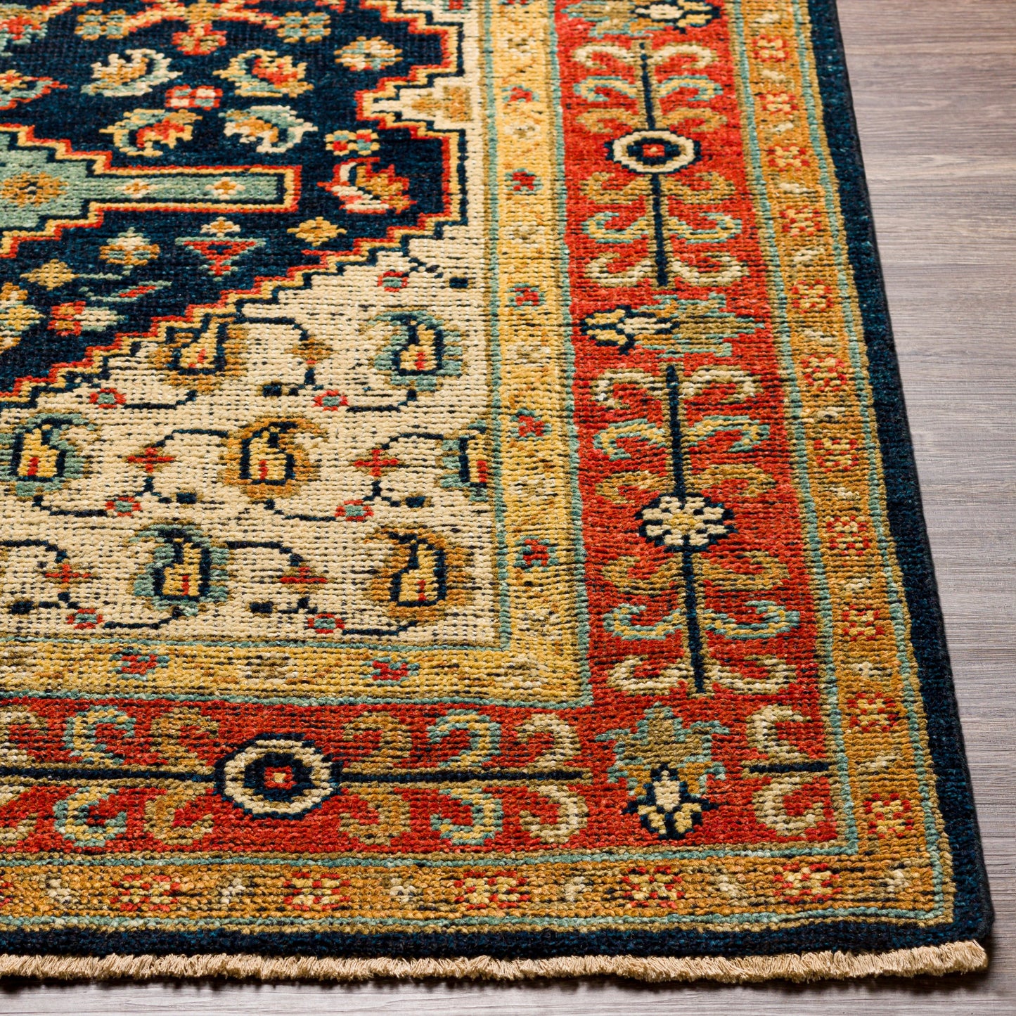 005 SI-1889378,SI-1889379,SI-1889381 | Closeup | Reign REG-2300 Rug by Surya in navy, tan, beige, rust, mustard, blue. Made from 100% new zealand wool in a unique style.