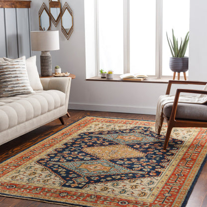 Reign REG-2300 Rug by Surya in navy, tan, beige, rust, mustard, blue. Made from 100% new zealand wool in a unique style.