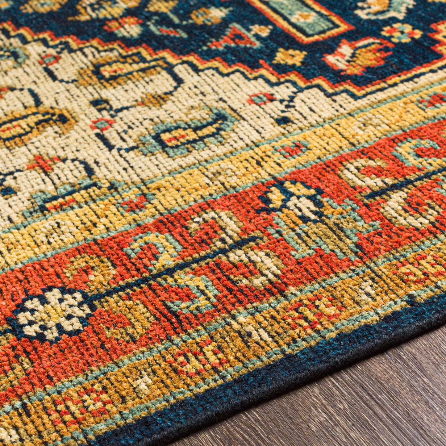 004 SI-1889378,SI-1889379,SI-1889381 | Closeup | Reign REG-2300 Rug by Surya in navy, tan, beige, rust, mustard, blue. Made from 100% new zealand wool in a unique style.