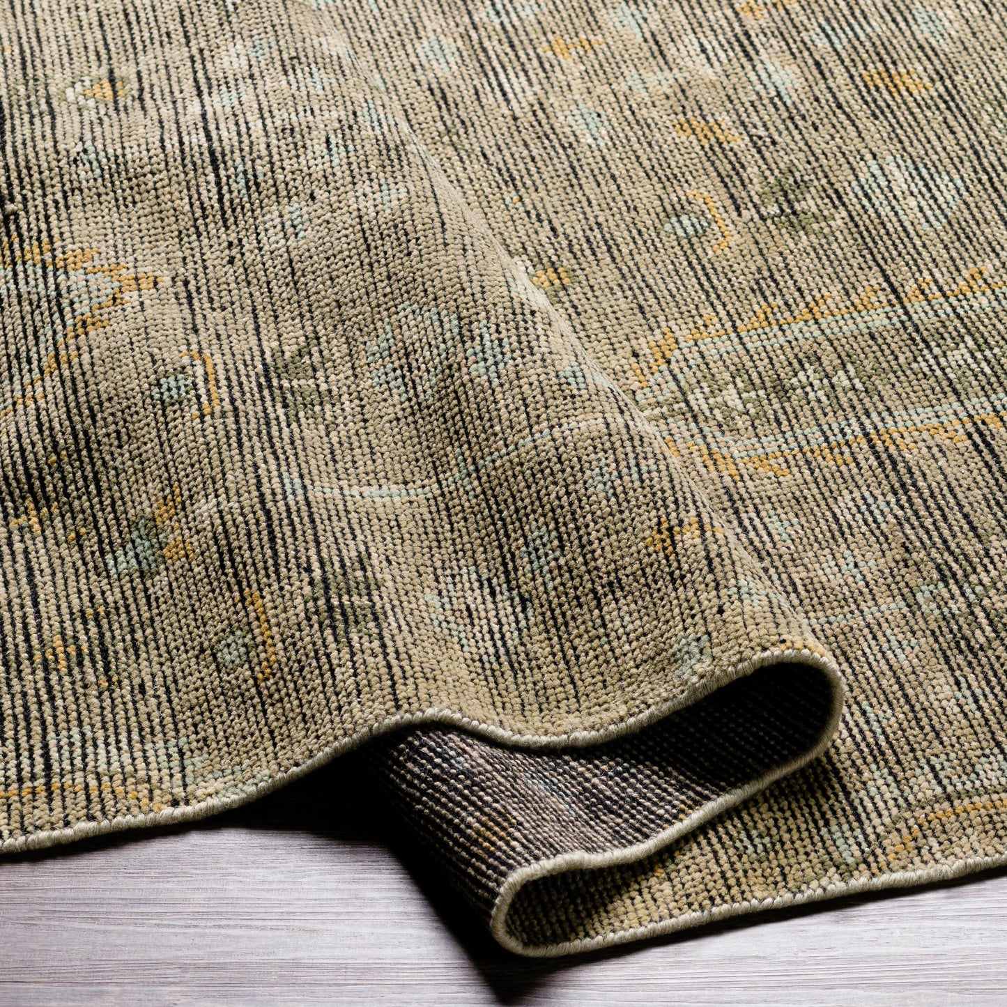 008 SI-2130950,SI-2130951,SI-2130952,SI-2130953 | Closeup | Reign REG-2302 Rug by Surya in sage, brown, pale blue, light olive, light beige, black. Made from face: 100% new zealand wool, warp: 100% cotton in a unique style.