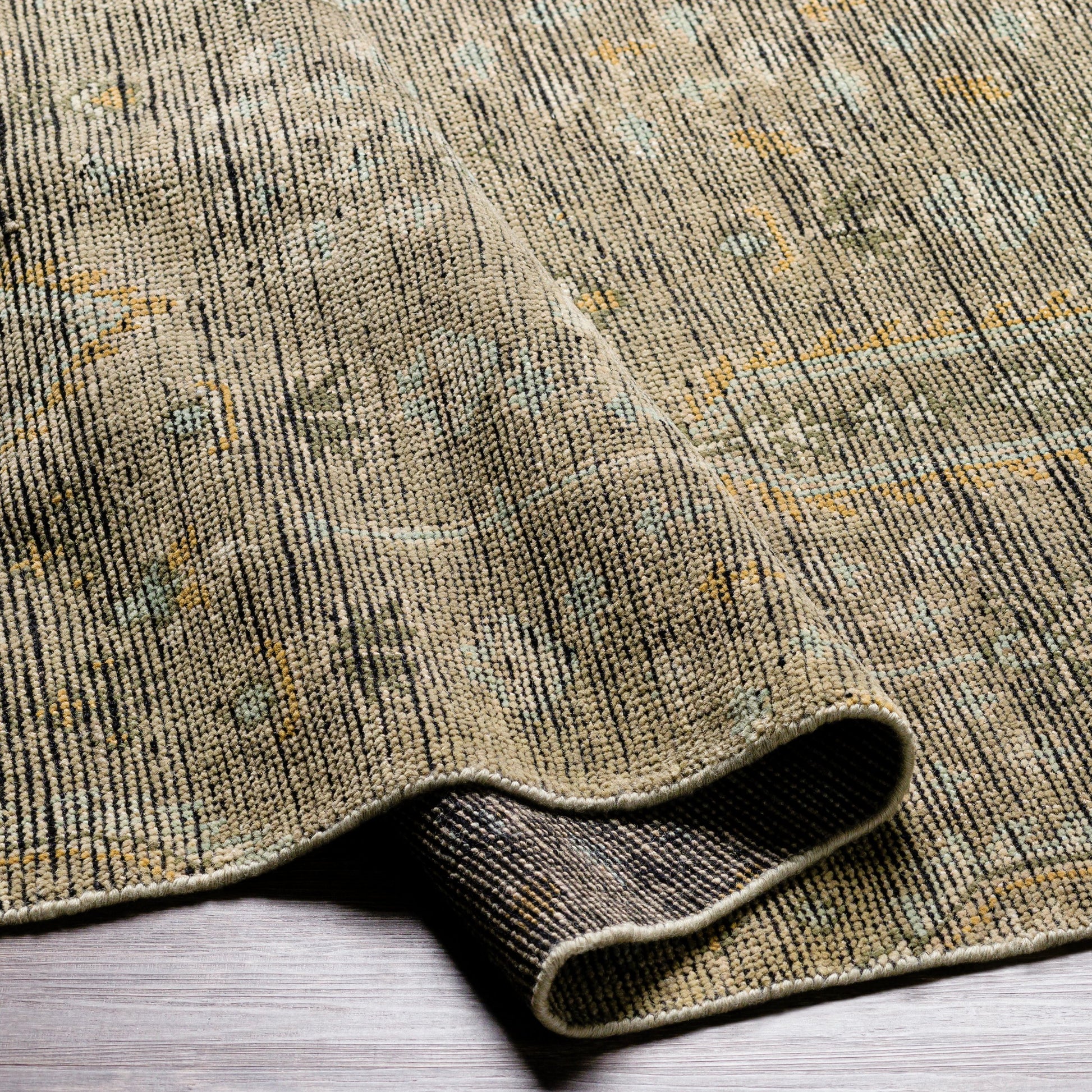 Reign REG-2302 Rug by Surya in sage, brown, pale blue, light olive, light beige, black. Made from face: 100% new zealand wool, warp: 100% cotton in a unique style.