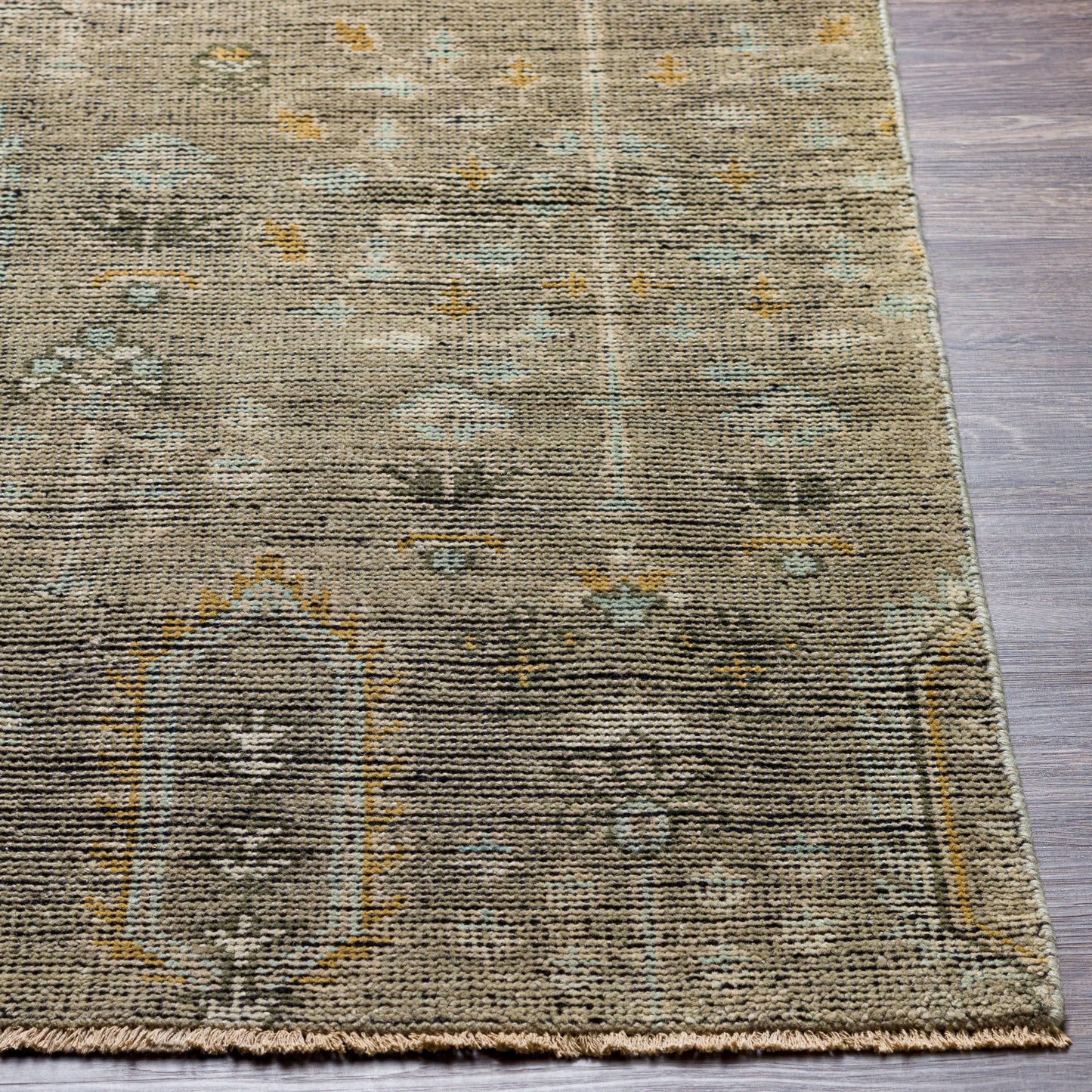 005 SI-2130950,SI-2130951,SI-2130952,SI-2130953 | Closeup | Reign REG-2302 Rug by Surya in sage, brown, pale blue, light olive, light beige, black. Made from face: 100% new zealand wool, warp: 100% cotton in a unique style.