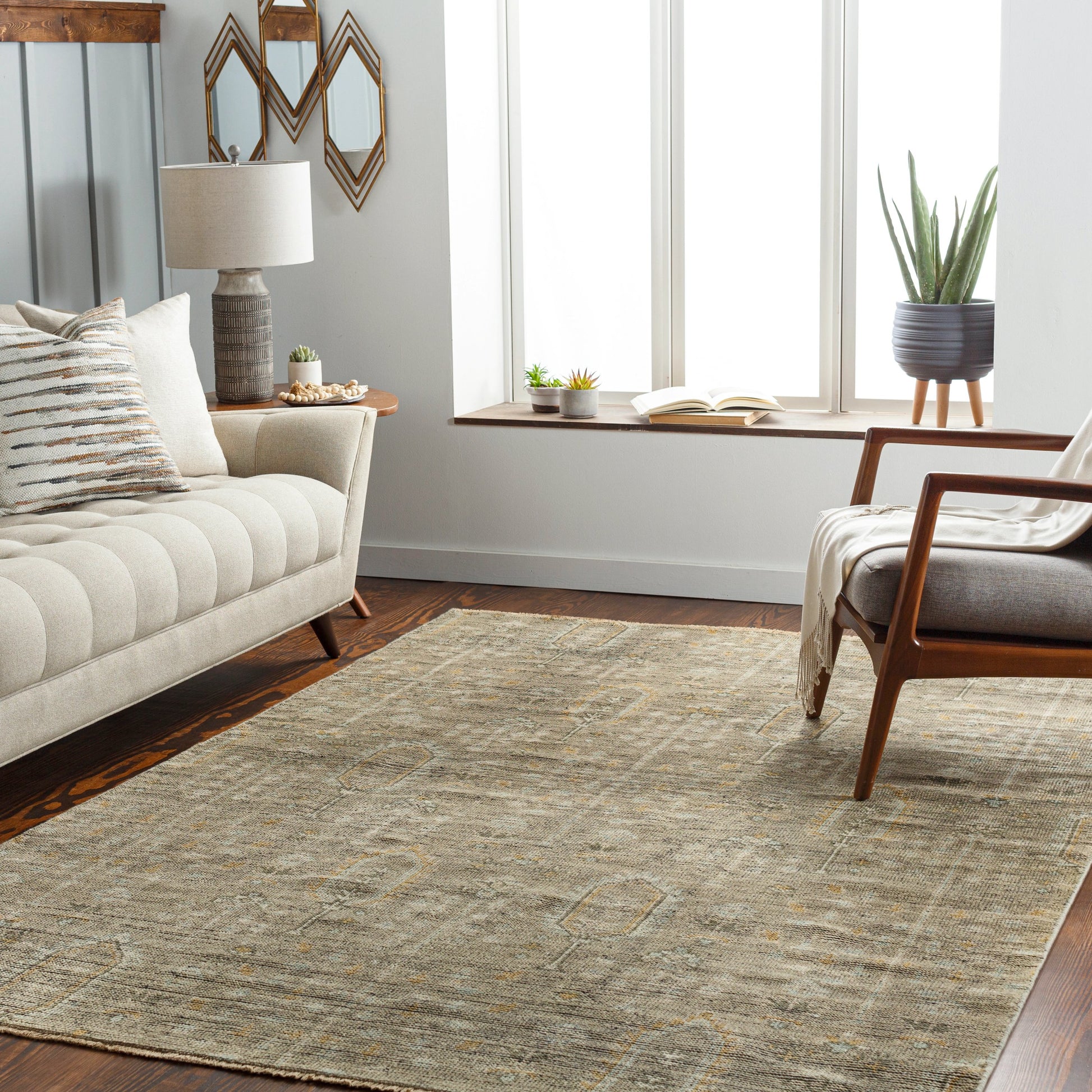 Reign REG-2302 Rug by Surya in sage, brown, pale blue, light olive, light beige, black. Made from face: 100% new zealand wool, warp: 100% cotton in a unique style.