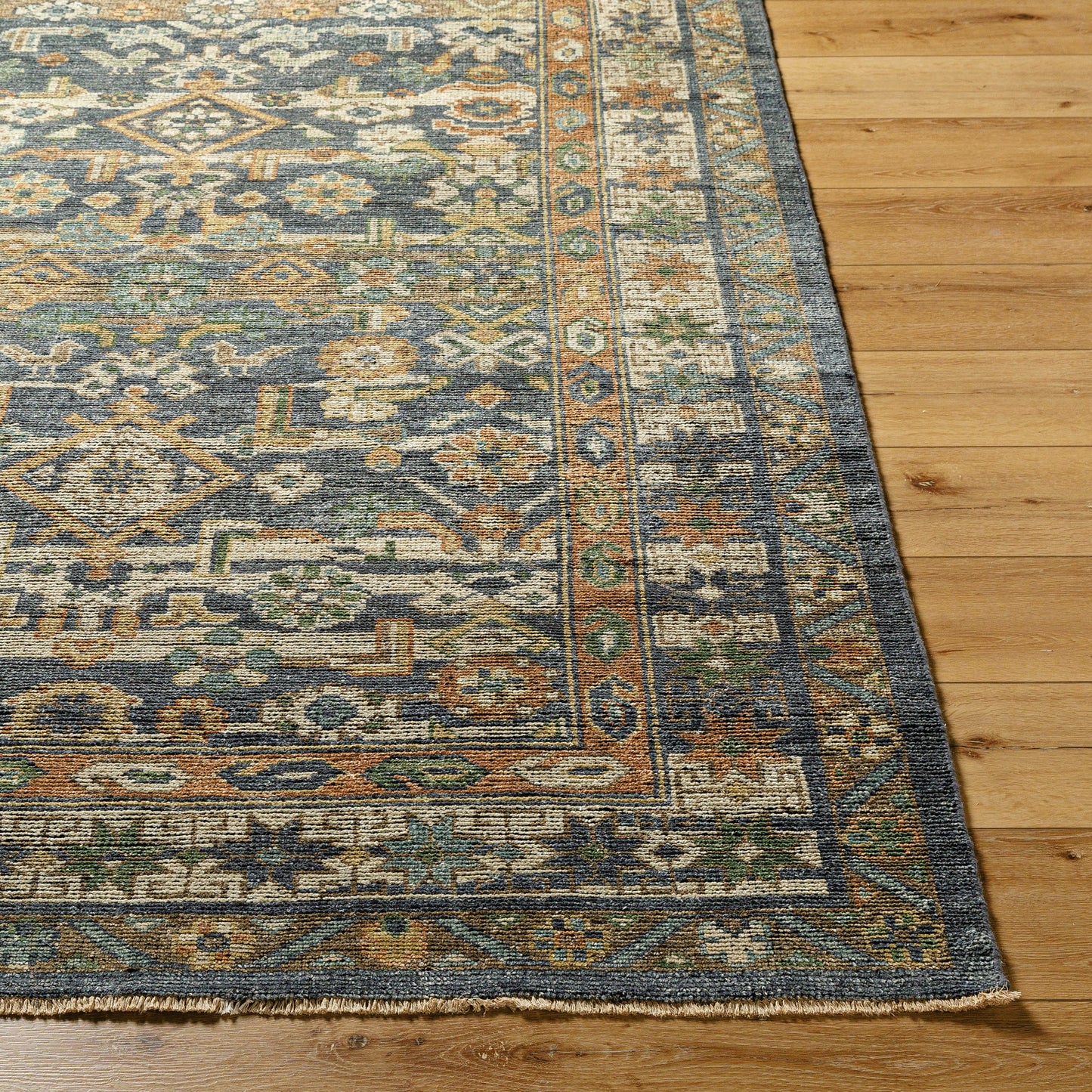 002 SI-2130842,SI-2130843,SI-2130844,SI-2130845 | Closeup | Reign REG-2324 Rug by Surya in navy, sage, olive, oatmeal, brown. Made from face: 70% wool, 30% viscose, warp: 100% cotton in a unique style.